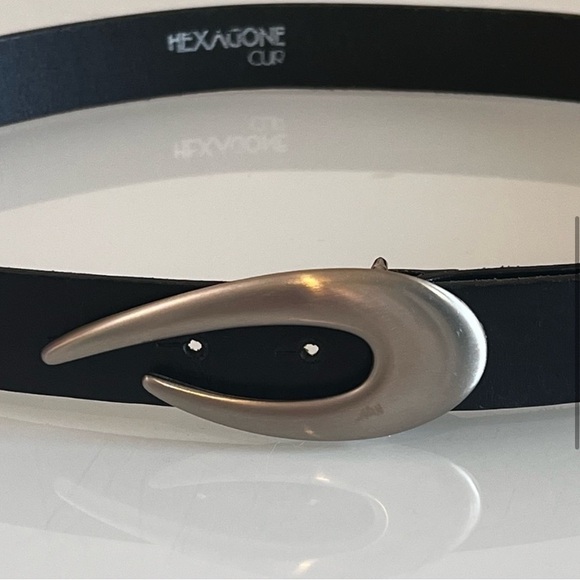 HEXAGONE CUR | Black & silver retro size large leather belt - Picture 5 of 9